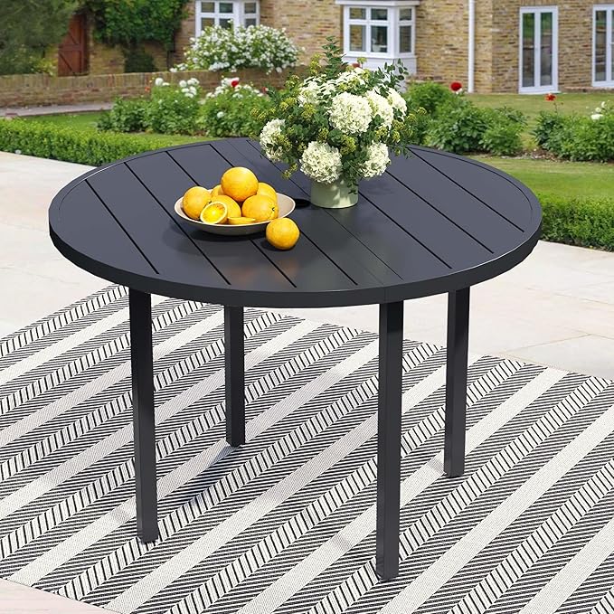 47" Round Patio Dining Table for 6, All-Weather Metal Patio Table with Umbrella Hole, Outdoor Round Dining Table for Lawn Garden Porch, Black