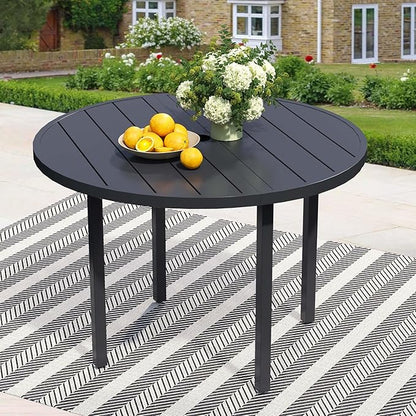47" Round Patio Dining Table for 6, All-Weather Metal Patio Table with Umbrella Hole, Outdoor Round Dining Table for Lawn Garden Porch, Black