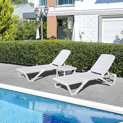 Domi Outdoor Chaise Lounge Set of 3, Pool Lounge Chairs Plastic Adjustable Recliners Tanning Lounge Chair with Table for in-Pool Sunbathing Beach Lawn Poolside, White