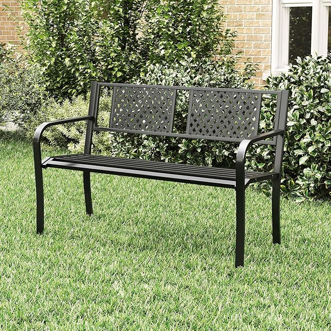 Tangkula Metal Outdoor Garden Bench, 50 Inches Patio Bench with Patterned Backrest and Curved Armrests, 2-3-Person Outside Bench, Heavy-Duty Metal Loveseat Chair for Porch, Lawn & Yard