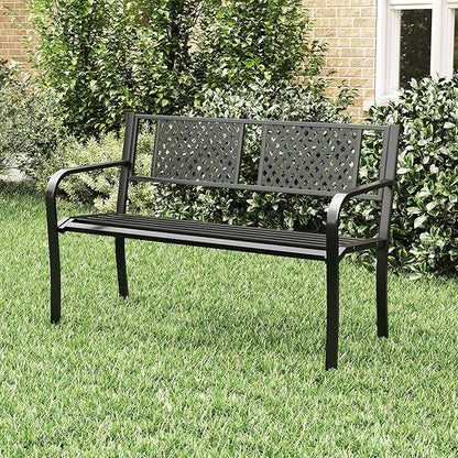 Tangkula Metal Outdoor Garden Bench, 50 Inches Patio Bench with Patterned Backrest and Curved Armrests, 2-3-Person Outside Bench, Heavy-Duty Metal Loveseat Chair for Porch, Lawn & Yard