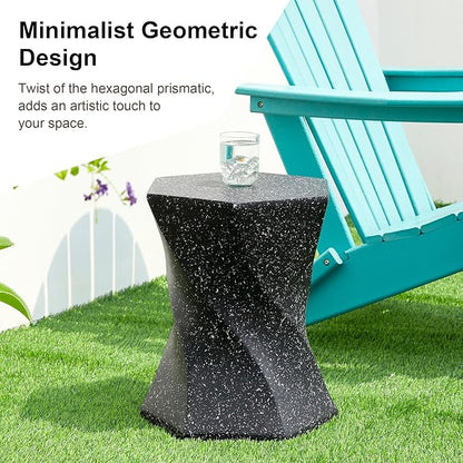Glitzhome Outdoor Side Table Set of 2, 17.75" H Decorative Garden Stool MGO Twist Faux Terrazzo End Table, Round Planter Stand for Indoor Outdoor Living Room Bedroom Patio Deck Poolside, Black