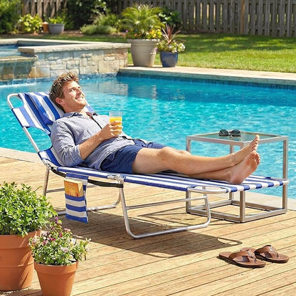 Outsunny Chaise Lounge Chair Outdoor with Face Arm Hole, 5-Position Reclining Face Down Tanning Chair with Carry Strap, Side Pocket, Portable Folding Bed Cot for Patio Beach Pool, Blue Stripe