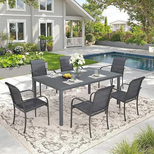 DIFY 63" Rectangle Outdoor Dining Table for 6, Slatted Metal Patio Table with Adjustable Umbrella Hole, All-Weather Patio Dining Table for Garden Backyard Deck, Grey Tabletop