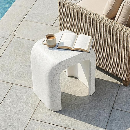 HOMPUS Outdoor Side Table w U-Shaped, Concrete Side Table Lightweight, Round Patio MgO Coffee End Table, Modern Accent Vintage Garden Stand for Indoor Outdoor Use, Spotted White