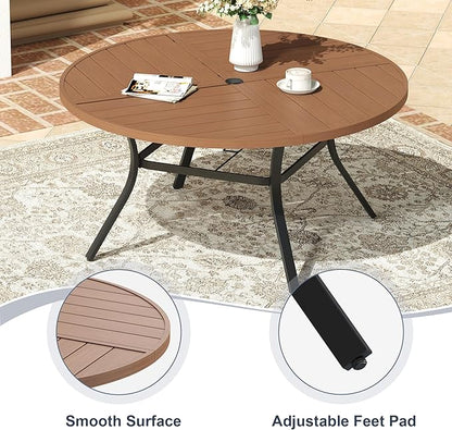 VICLLAX 50" Round Patio Dining Table for 6, All Weather Metal Outdoor Table with 1.57" Umbrella Hole and Surdy Frame for Garden Lawn Deck, Walnut