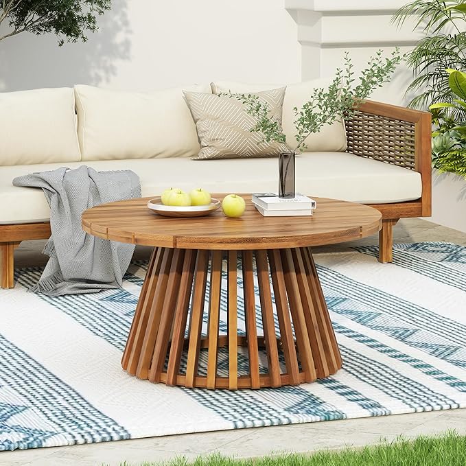 Merax Patio Outdoor Acacia Wood Round Coffee Table with Sturdy Base, Sofa Center Table for Backyard, Lawn, Balcony - Photo 3