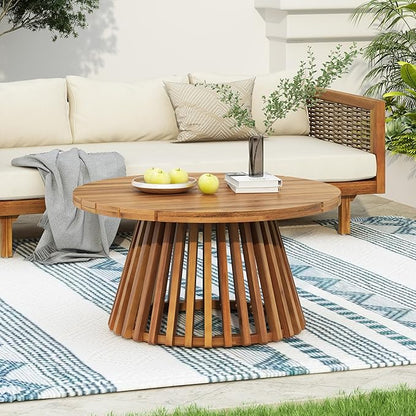 Merax Patio Outdoor Acacia Wood Round Coffee Table with Sturdy Base, Sofa Center Table for Backyard, Lawn, Balcony, Teak Finish