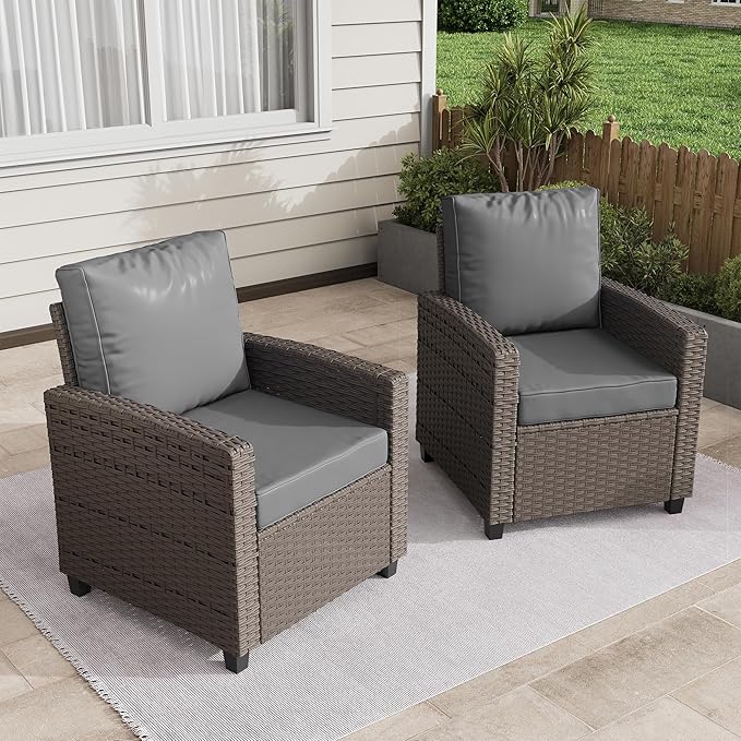 2 Pieces Patio Furniture Set, Outdoor Wicker Chairs Set of 2, All Weather High Back Rattan Chairs, Seating Club Chair Porch Chairs Set with Cushions for Balcony Porch Deck, Gray