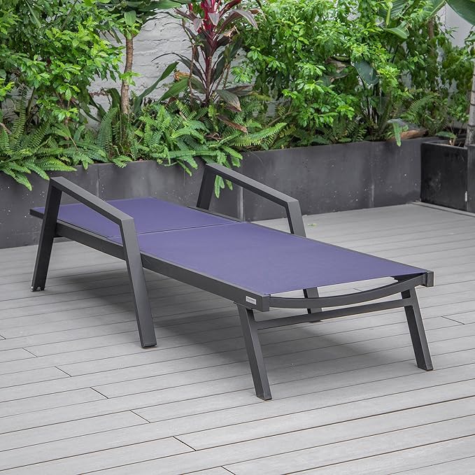LeisureMod Marlin Patio Chaise Lounge Chair, Adjustable Outdoor Black Aluminum Lounge with Breathable Mesh Sling Back, Lightweight Poolside Reclining Sun Lounger Weather & UV Resistant (Navy Blue)