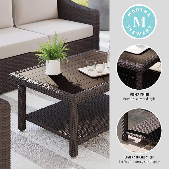 Martha Stewart Bedford Indoor-Outdoor Patio Coffee Table with Lower Shelf, Faux Wood Top, and Rattan Wicker Finish in Brown
