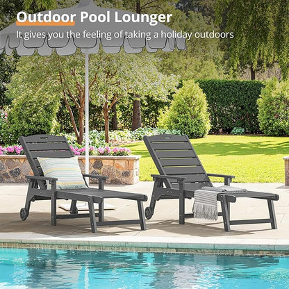 LUE BONA Outdoor Chaise Lounge, HDPS Chaise Lounger, 5 Positions Adjustable Lounge Chairs, Pool Lounge Chair with Wheels for Poolside, Backyard, Dark Gray