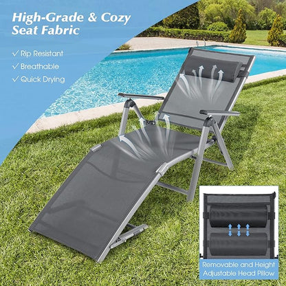 Giantex Outdoor Chaise Lounge Chair - Folding Lounge Chair w/ 8-Level Adjustable Backrests, Aluminum Frame, Cozy Headrest Pillow, Patio Recliner for Backyard Poolside Balcony (1, Gray)