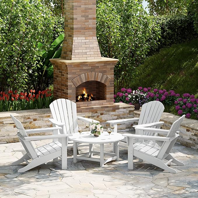 WestinTrends Dylan 5-Piece Outdoor Patio HDPE Adirondack Chair with Round Coffee Table Conversation Set, White
