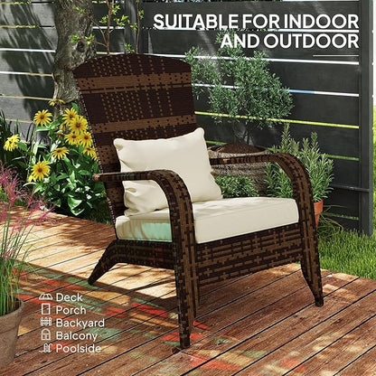 Outsunny Patio Wicker Adirondack Chair, Outdoor All-Weather Rattan Fire Pit Chair with Soft Cushions, Tall Curved Backrest and Comfortable Armrests for Deck or Garden, Mixed Brown/Cream White