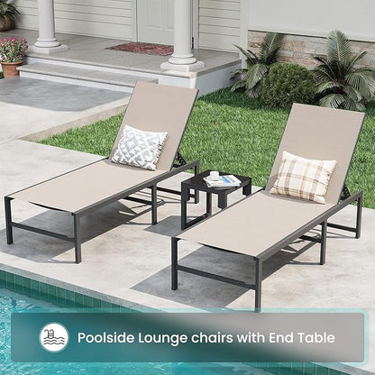 Amopatio 3 Piece Patio Lounge Chair Set, Adjustable Heavy-Duty Chaise Lounge for Outdoor, Weather Resistant Pool Lounge Furniture Set with Table for Backyard Beach, 400 LBS Capacity(Khaki)
