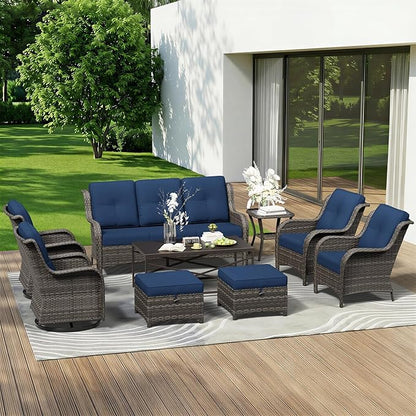 9 Piece Outdoor Wicker Patio Furniture Set, Patio Chairs Set with Thickened Olefin Cushions, High Back and Deep Seating, Hand-Woven PE Rattan, Ottoman for Porch, Deck