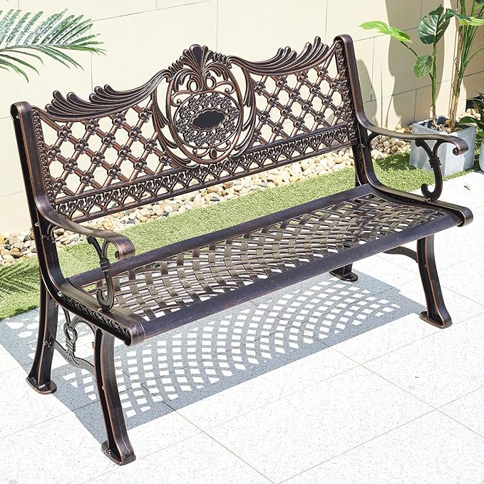 51" Outdoor Bench Garden Bench Cast Aluminum Bench with Floral Back Metal Front Porch Benches for Yard Patio Entryway Park (Red Copper)