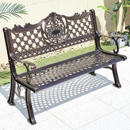 51" Outdoor Bench Garden Bench Cast Aluminum Bench with Floral Back Metal Front Porch Benches for Yard Patio Entryway Park (Red Copper)