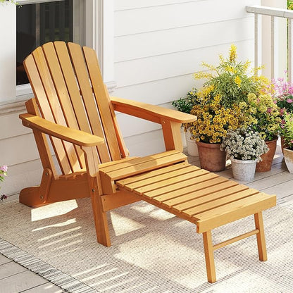 Oversized Outdoor Wooden Folding Adirondack Chair with Retractable Ottoman, Wood Patio Chair with Footrest for Garden Backyard Porch Pool Deck Firepit