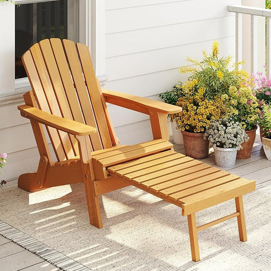 Oversized Outdoor Wooden Folding Adirondack Chair with Retractable Ottoman, Wood Patio Chair with Footrest for Garden Backyard Porch Pool Deck Firepit