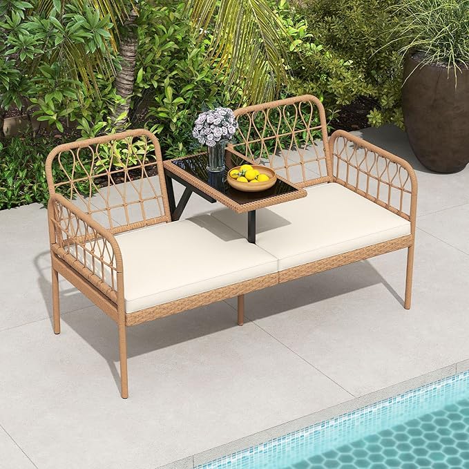 HAPPYGRILL Patio Rattan Loveseat, 2-Seat Wicker Chairs with Built-in Table, Outdoor Conversation Bench with Seat Cushions for Backyard, Front Porch, Garden