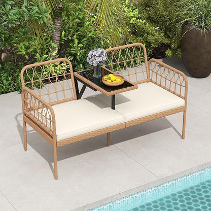 HAPPYGRILL Patio Rattan Loveseat, 2-Seat Wicker Chairs with Built-in Table, Outdoor Conversation Bench with Seat Cushions for Backyard, Front Porch, Garden