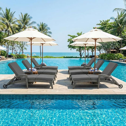Chaise Lounge Chairs Set of 6, Upholstered 4-Positions Adjustable Lounge Chairs, Wicker Outdoor Long Reclining Chaise Lounge Set Pool Lounge Chairs with Wheels for/Deck/Beach/Yard, Grey