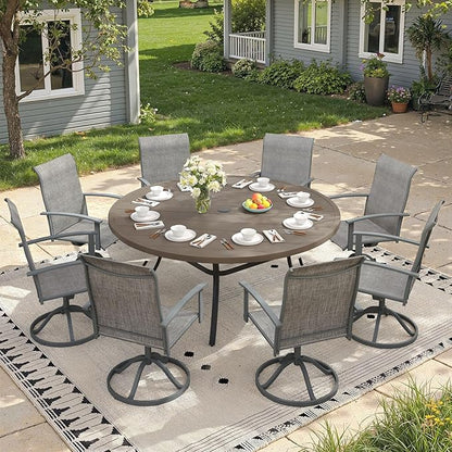 Outdoor Dining Table for 8, 60" Round Outdoor Table with Adjustable Umbrella Hole, All-Weather Metal Patio Dining Table for Lawn Garden Backyard Deck, Grey