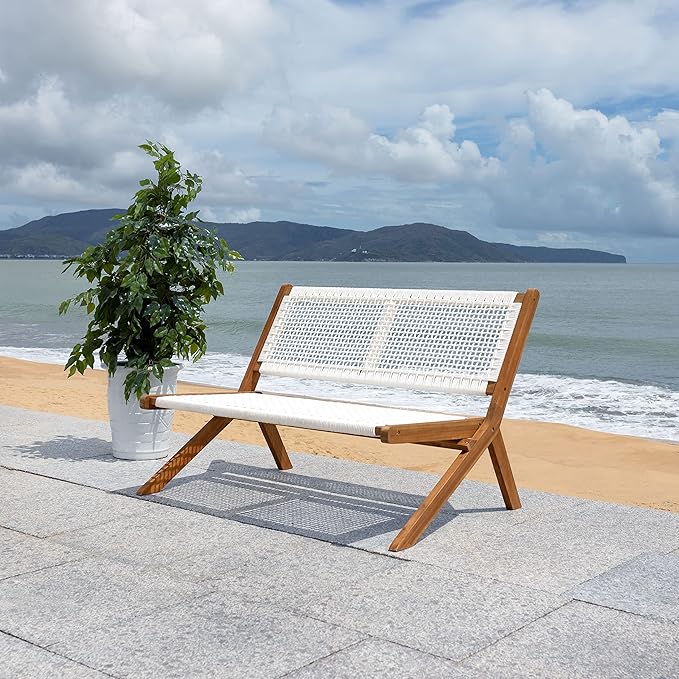 SAFAVIEH Outdoor Collection Kobina Natural Acacia Wood/White Rope Foldable Bench
