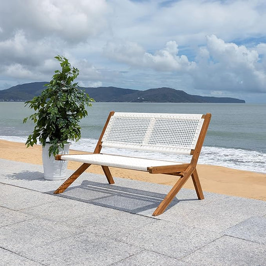 SAFAVIEH Outdoor Collection Kobina Natural Acacia Wood/White Rope Foldable Bench