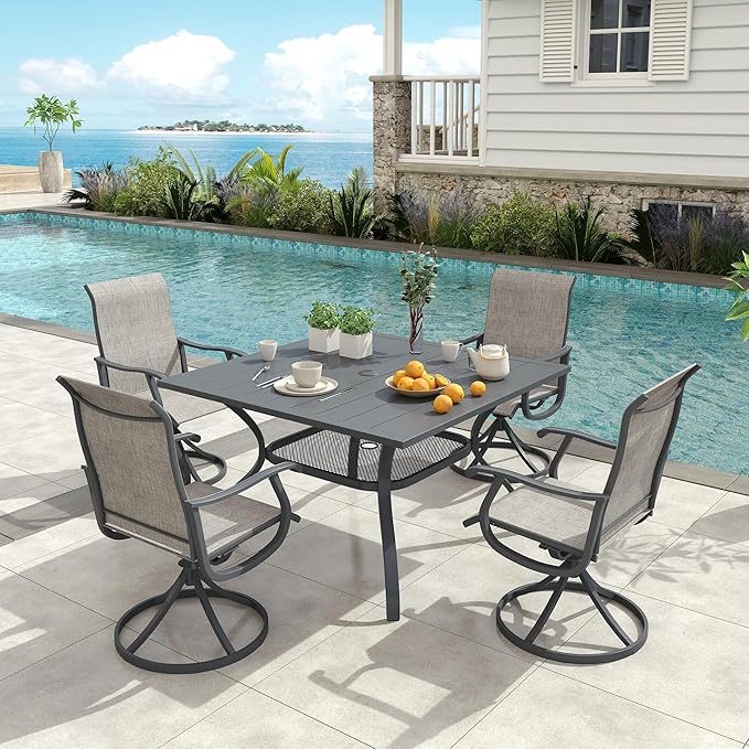 VICLLAX Outdoor Patio Dining Table for 4, Square Metal Table with Umbrella Hole and Storage Shelf for Garden, Lawn, Balcony, Deck, Dark Grey