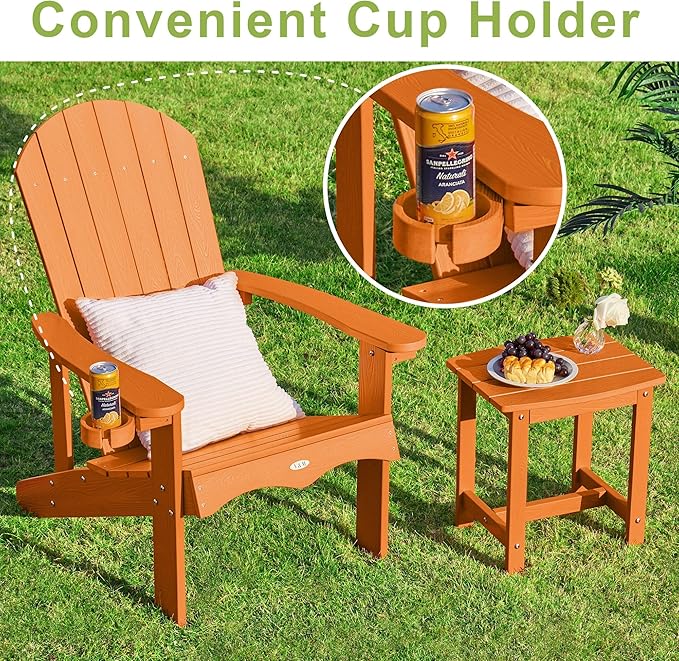 Y&M Adirondack Chair, Orange Fire Pit Chairs, Outdoor Patio Chairs with Cup Holder, Weather Resistant HDPE Wooden Textured Patio Chairs, Perfect for Garden, Lawn, Deck, or Poolside
