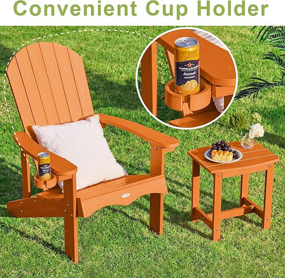 Y&M Adirondack Chair Set of 2, Orange Fire Pit Chairs, Outdoor Patio Chairs with Cup Holder, Weather Resistant HDPE Wooden Textured Patio Chairs, Perfect for Garden, Lawn, Deck, or Poolside