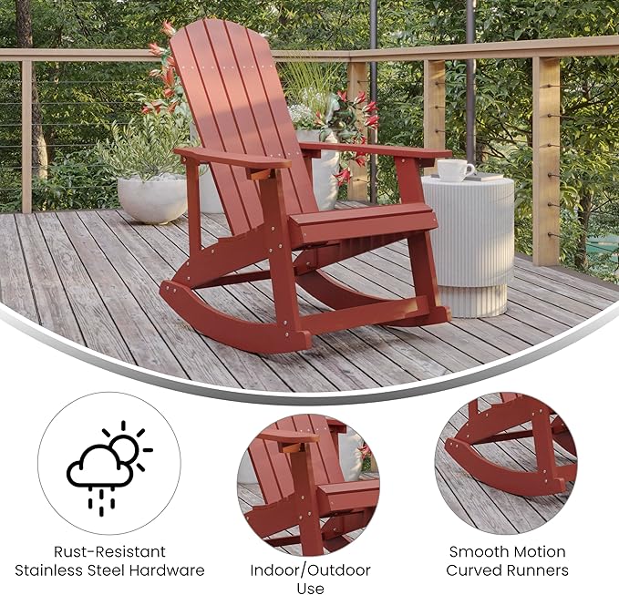 Flash Furniture Savannah Poly Resin Wood Adirondack Rocking Chair - All Weather Red Polystyrene - Stainless Steel Hardware