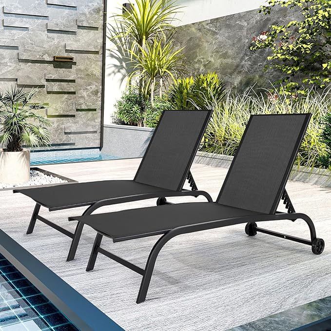 EROMMY Patio Chaise Lounge Chair Set of 2 with Wheels, Oversized 26" W Outdoor Lounge Chairs with Adjustable Backrest, Waterproof Poolside Lounge Chairs