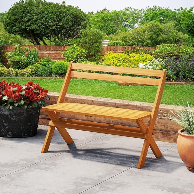 Tangkula Foldable Acacia Wood Outdoor Bench, 2-Person Patio Garden Bench with 800 lbs Capacity, Outside Loveseat Seating for Porch, Balcony, Yard & Park