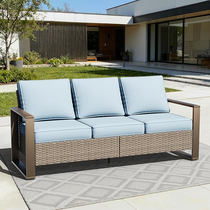 75" Patio Metal Wicker Sofa, All Weather Outdoor Rattan 3-Seat Sofa Couch with Premium Cushions & Rectangular Framed - Photo 8
