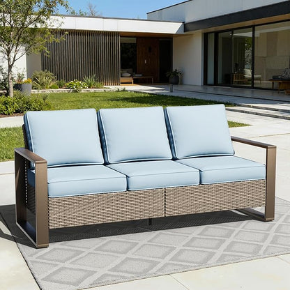 75" Patio Metal Wicker Sofa, All Weather Outdoor Rattan 3-Seat Sofa Couch with Premium Cushions & Rectangular Framed Wood-Looking Metal Armrest for Garden Backyard Porch Deck, Baby Blue