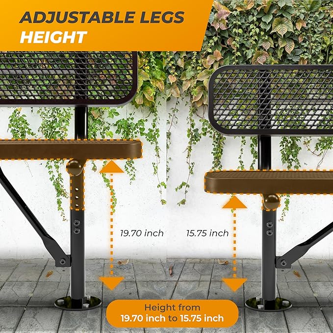 Heavy-Duty Outdoor Metal Bench, Thermoplastic-Coated, Surface, Weatherproof, Commercial-Grade for Parks, Gardens, Patios, Stores & More (6 Ft - Surface with Back, Black)