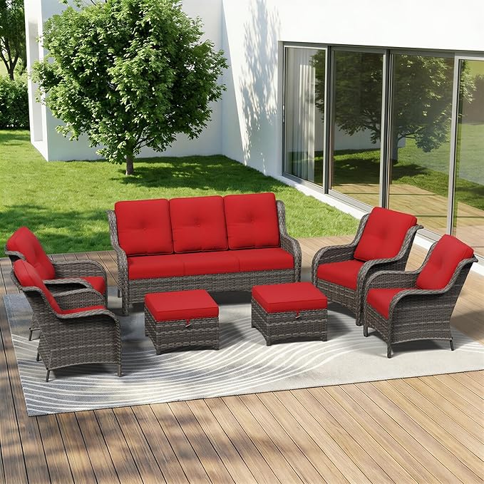 7 Piece Outdoor Wicker Patio Furniture Set, Patio Chairs Set with Thickened Olefin Cushions, High Back and Deep Seating - Photo 1