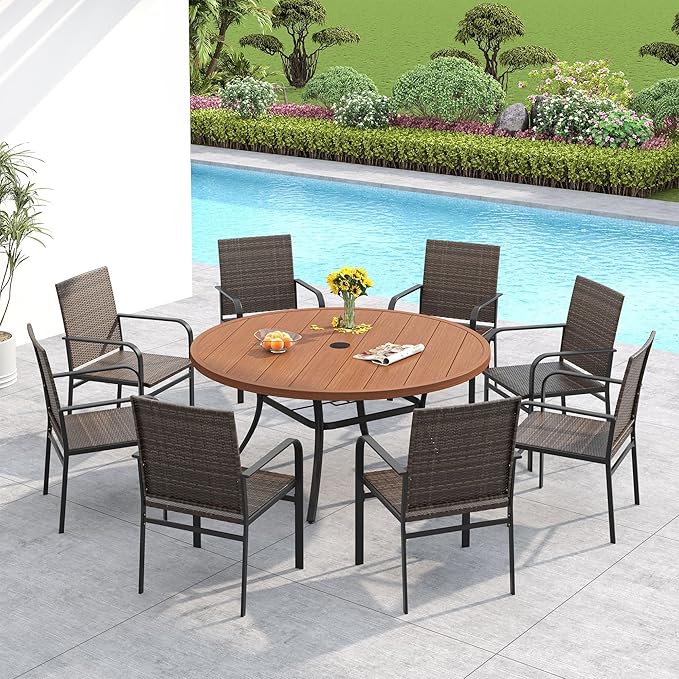 VICLLAX 53" Round Patio Dining Table for 6-8, Metal Outdoor Dining Table with Umbrella Hole for Patio, Garden, Balcony, Walnut