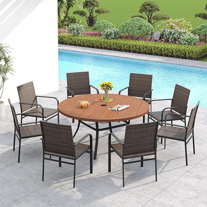 VICLLAX 53" Round Patio Dining Table for 6-8, Metal Outdoor Dining Table with Umbrella Hole for Patio, Garden, Balcony, Walnut
