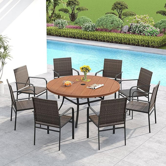 VICLLAX 53" Round Patio Dining Table for 6-8, Metal Outdoor Dining Table with Umbrella Hole for Patio, Garden, Balcony, Walnut