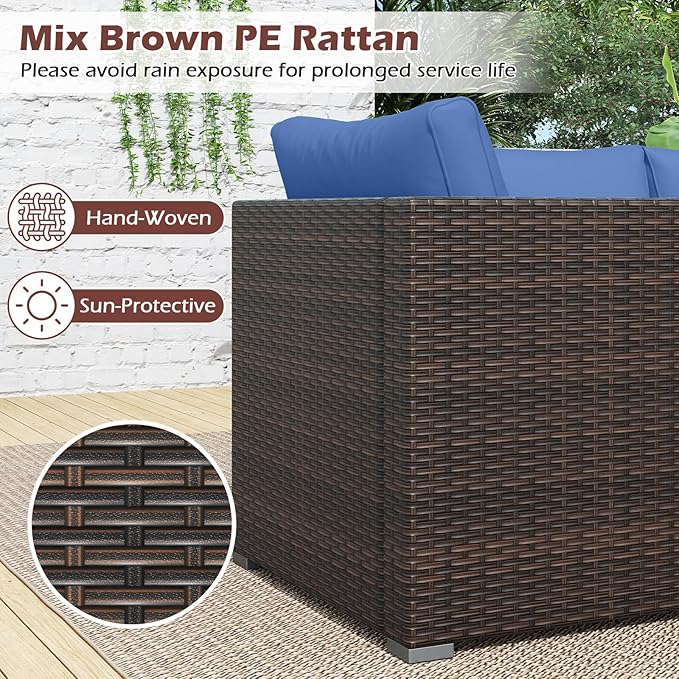 Tangkula 3 Seat Outdoor Wicker Sofa Set, Modular PE Rattan Patio Cushioned Sectional Couch Set, Outside Furniture Set for Deck, Backyard, Porch, Garden & Poolside (Brown-Navy)