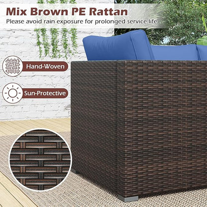 Tangkula 3 Seat Outdoor Wicker Sofa Set, Modular PE Rattan Patio Cushioned Sectional Couch Set, Outside Furniture Set for Deck, Backyard, Porch, Garden & Poolside (Brown-Navy)