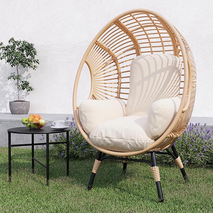 Oversized Wicker Egg Chair, Outdoor Indoor Rattan Patio Egg Lounge Chairs with Cushion 500lbs Capacity for Living Room, Balcony, Backyard (2 PCS, Beige-Regular)