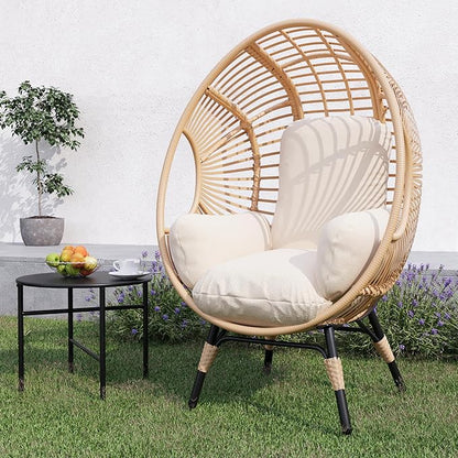 Oversized Wicker Egg Chair, Outdoor Indoor Rattan Patio Egg Lounge Chairs with Cushion 500lbs Capacity for Living Room, Balcony, Backyard (2 PCS, Beige-Regular)