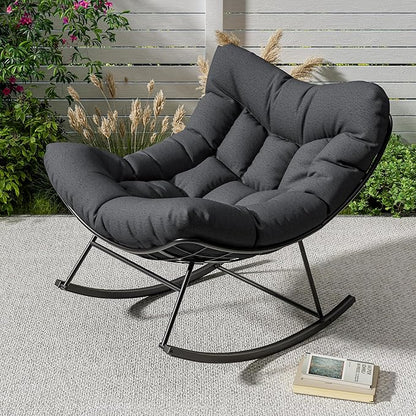 GarveeLife Outdoor Papasan Rocking Chair, Oversized Rocking Chair with Sturdy Metal Frame, Patio Rattan Egg Rocker for Balcony Backyard Porch Bedroom, Grey