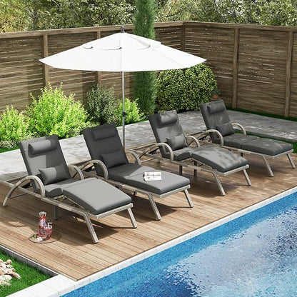 MEISSALIVVE Outdoor Lounge Chairs Set of 4, Patio Chaise Loungers with Adjustable 5 Position & Leg Support, PE Rattan Chaise Lounge, Wicker Pool Recliners Chair for Backyard, Porch, Deck, （Grey